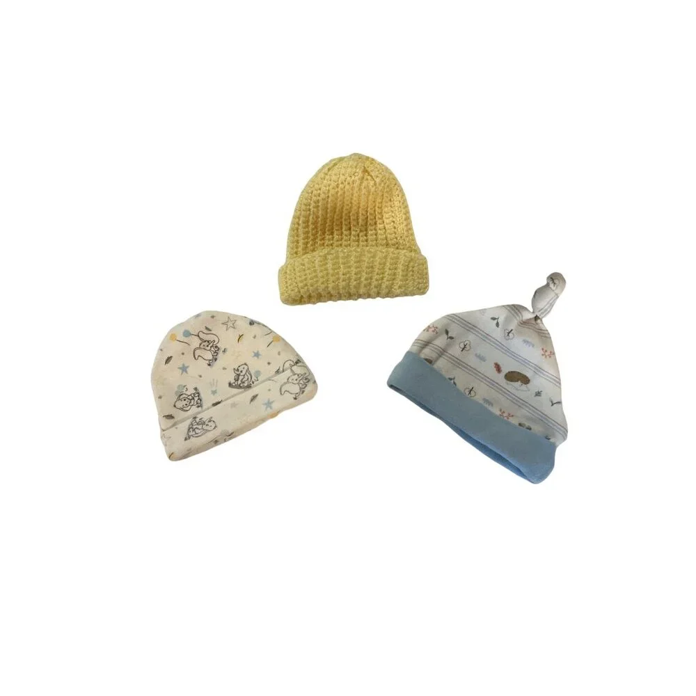Set Of 3 Newborn Baby‎ Hats Disney Baby Knit Yellow & Printed Cotton Blend